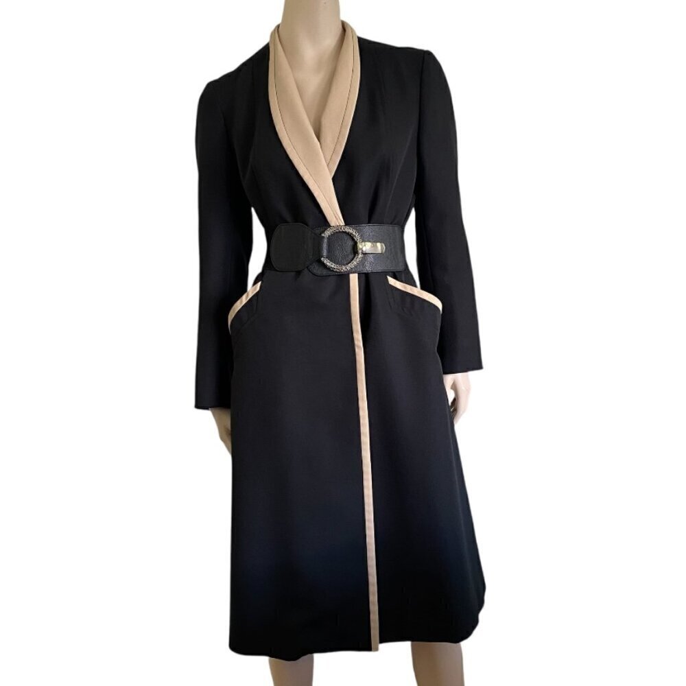 Vtg Monteselli ILGWU Trench Coat Black Tan Shawl Collar​